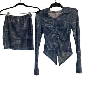 NWT Fashion Nova Denim LOOK 2 Piece Skirt/Blouse Button Front Elastic Waist Sz S